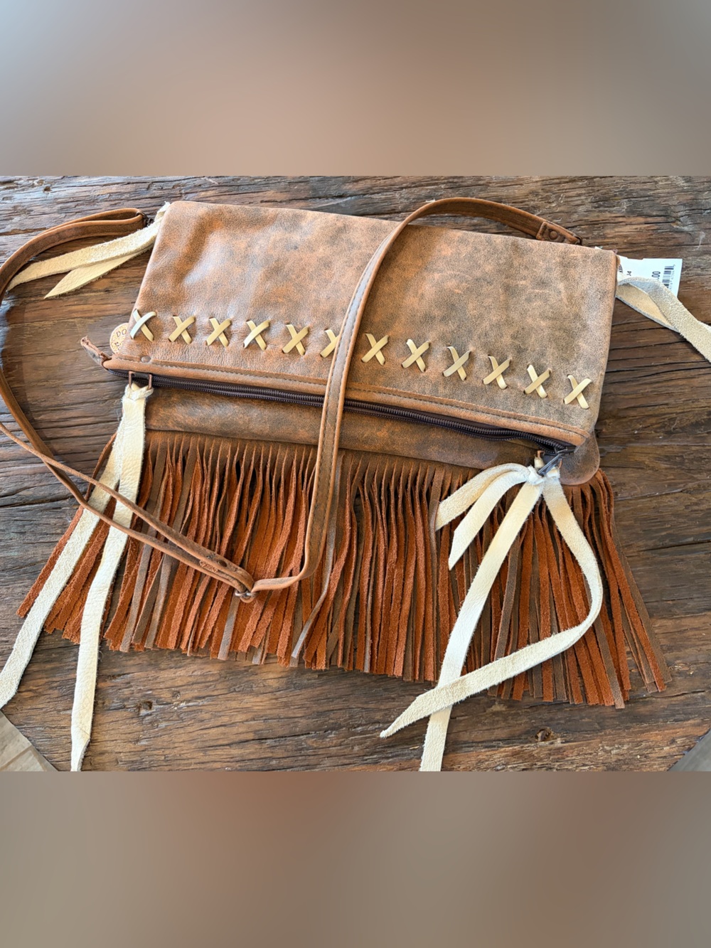 Double J Saddlery Fringe Cross-Stitch Convertible Shoulder Bag - foldover